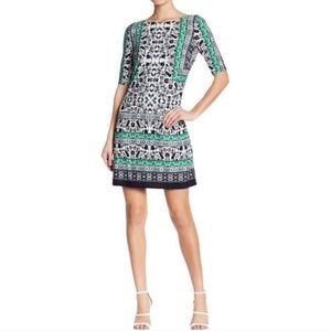 Vince Camuto - White, Navy & Green Bohemian Print Sheath Dress